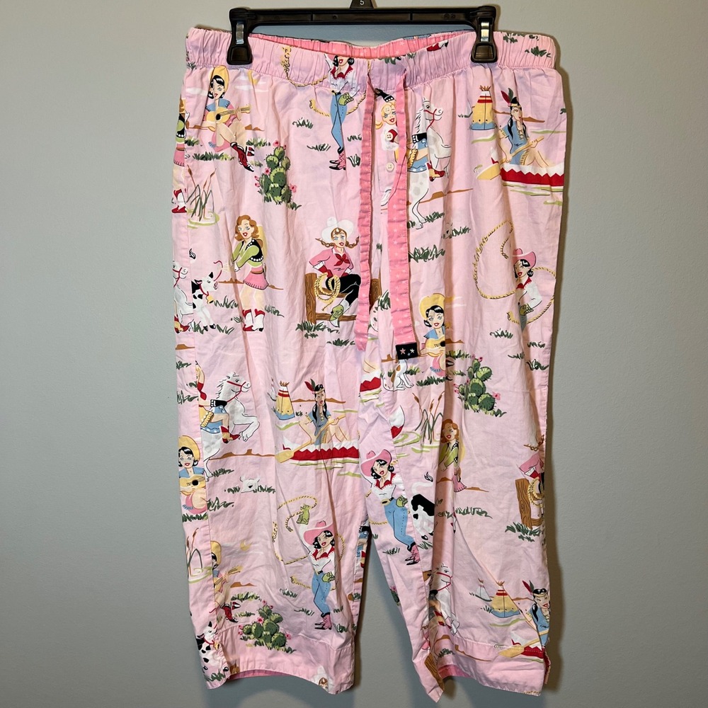 Nick & Nora Pink Cowgirl Novelty Print Pajama Pants Cropped Western Lounge Large